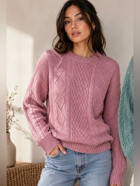 Kersh Pink Merino Wool Blend Cable Knit Sweater Size L/G  Soft Girl Apres Ski